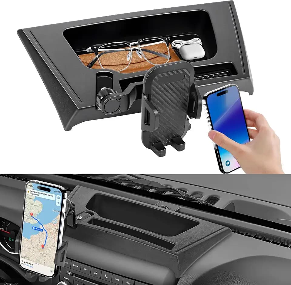 Upgraded Phone Mount Compatible with Jeep Wrangler JK JKU 2012-2018 | Anti-Shake Dash Multi-Mount + Storage Tray | 360° Rotation Phone Holder | Off-Road Interior Accessories