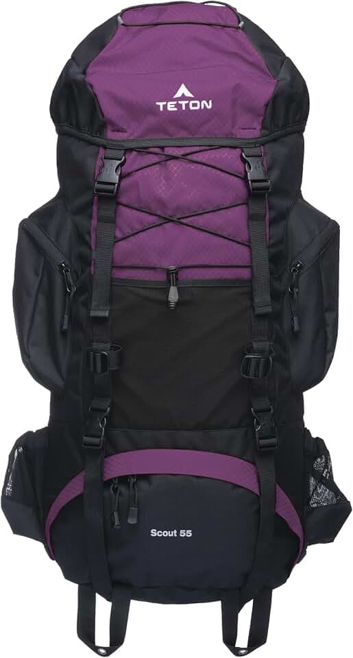 Teton 55L Scout Internal Frame Backpack for Hiking, Camping, Backpacking, Travel, Rain Cover Included, Huckleberry