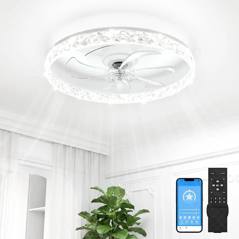 VOLISUN Low Profile Ceiling Fan with Lights and Remote, No Assembly, 24in Modern Ceiling Fans Flush Mount, 3000K-6500K Dimmable Bladeless LED Fan Light, White Fandelier Ceiling Fans for Bedroom