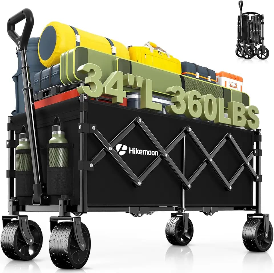 HIKEMOON 34'' Extra Long Folding Wagon Wide Wheels, 120L 360LBS Black