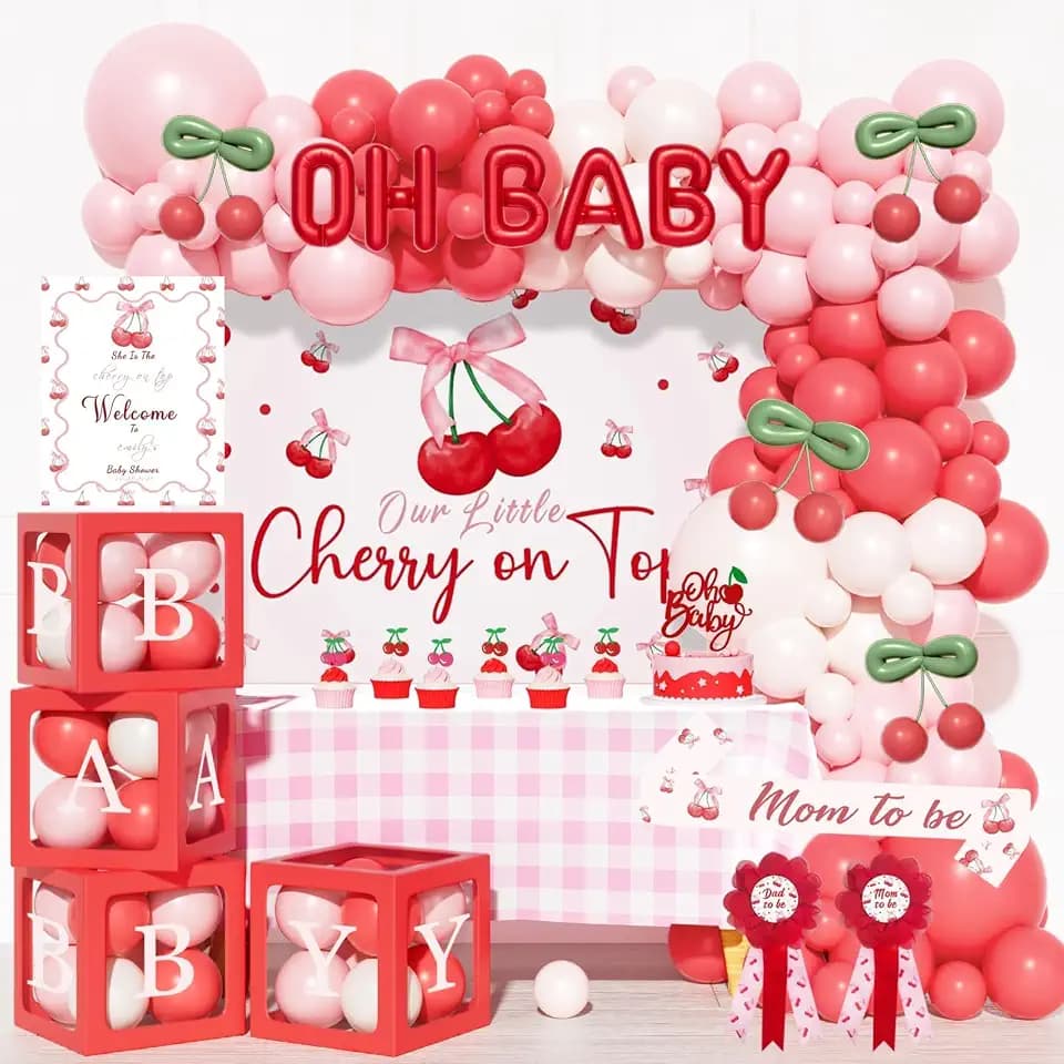 Hombae Cherry on Top Baby Shower Decorations - Baby Girl 136 PCs Cherry Themed Baby Shower Party Supplies with Backdrop, Balloon Garland, Cake Topper, Mom to be Sash
