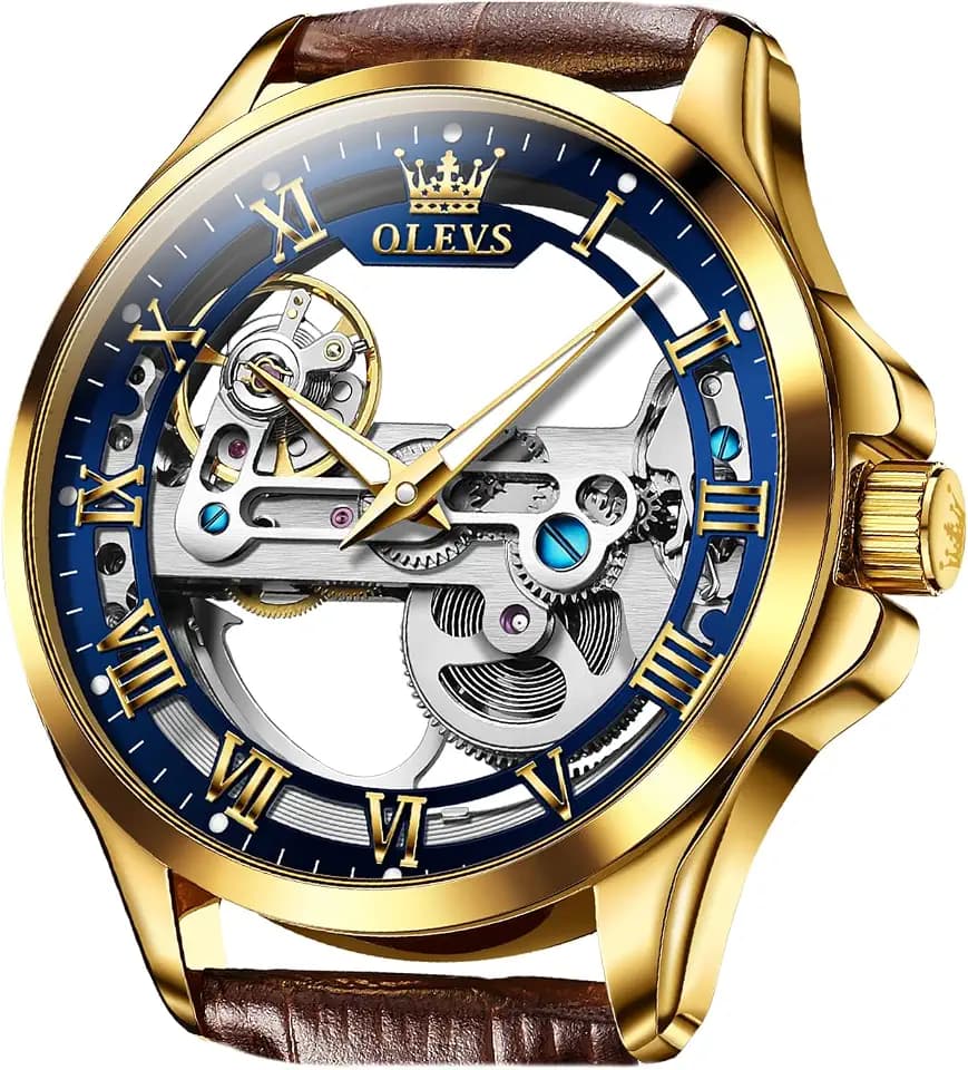 OLEVS Men's Automatic Watch, Luxury Full Skeleton Mechanical Watch, Self Winding No Battery Waterproof Leather Band Strap Wristwatch, Classic Large Face Business Fashion Gifts for Men