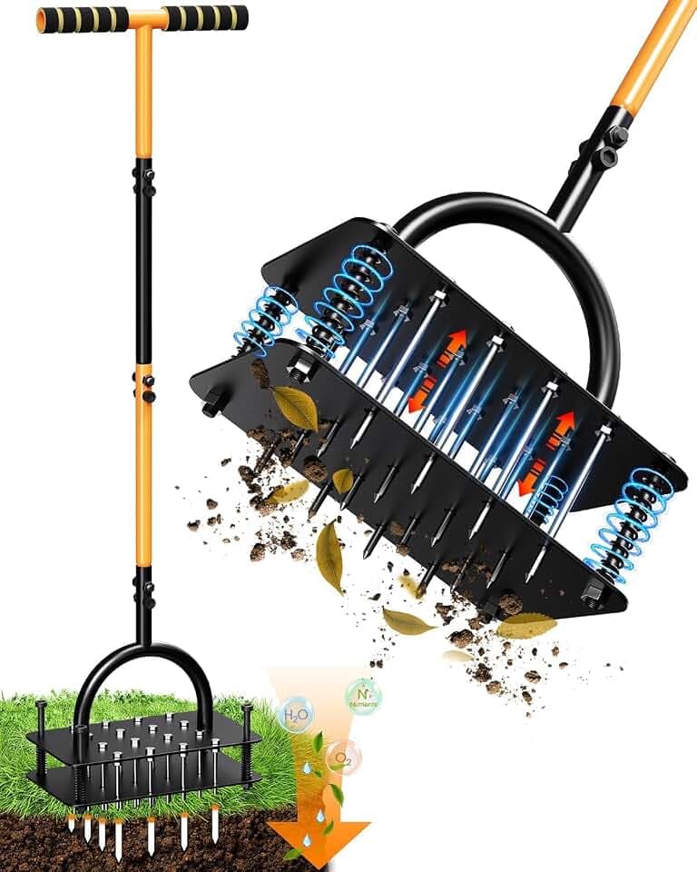 Lawn Aerator Tool - 16 Iron Spikes with Ergonomic T-Handle,Automatic Dirt Clean for Soil Loosening & Yard Aeration, Manual Metal Grass Aerator