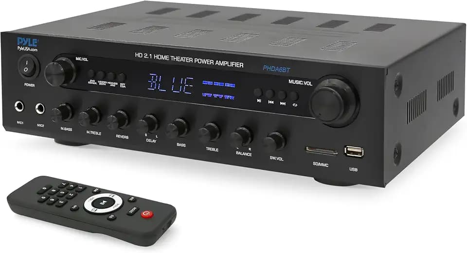 Pyle 400w Home Entertainment Amplifier with Bluetooth - Karaoke Optimized with Dual Mic Inputs with Reverb and Delay, Hi Def in and Out for Home Theater, USB-A Input, SD Card, FM Radio - PHDA6BT