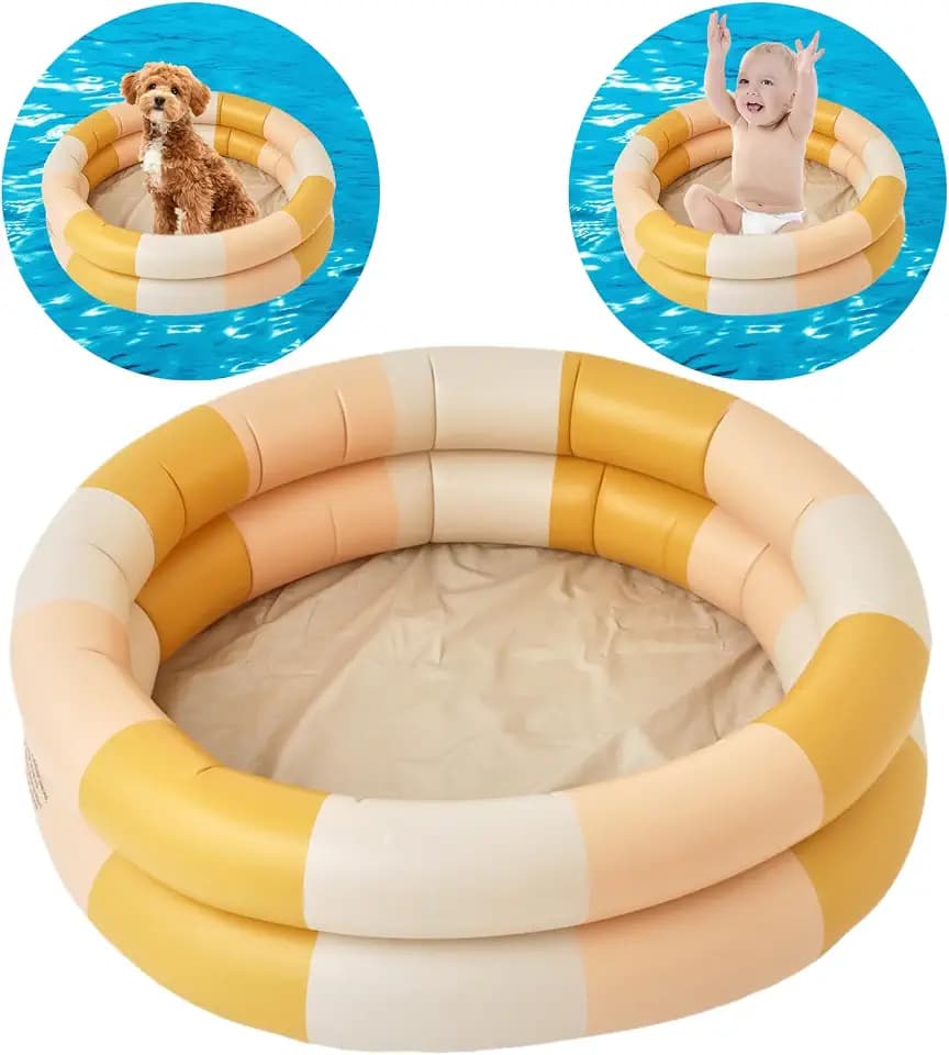 Vintage Streifen Kinder Planschbecken, Aufblasbare Baby Schwimmbad, 2Ring mit Aufblasbaren Sicherheit Blase Boden, für Indoor Outdoor Mädchen Jungen Garten Hinterhof (Gelb)