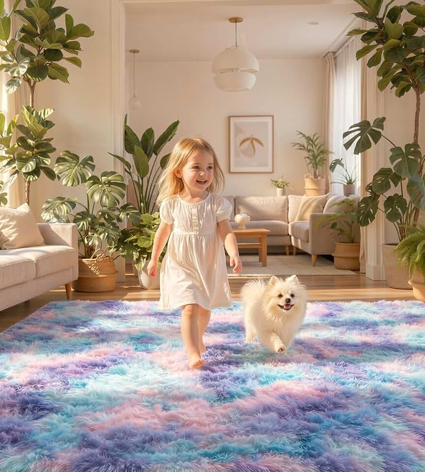 Teppich Wohnzimmer 120 x 160 cm Blau Lila Waschbar Rutschfester Hochflorteppich Kinderzimmer Schlafzimmer Flauschiger Teppiche