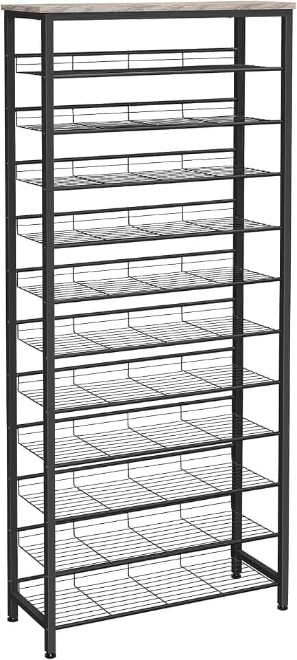 HOOBRO Großes Schuhregal, 12 Etagen Schuhablage, Schuhschrank hoch, für 35-45 Paar Schuhe, mit schrägen Gitterregalen, Metallrahmen, für Flur, Garderoben, Eingang, Schwarz und Greige EBG51XJ01