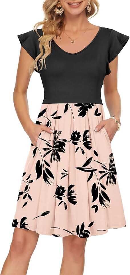 PLOKNRD Sommerkleid Damen V-Ausschnitt mit Tasche Midi A Linie Strandkleid