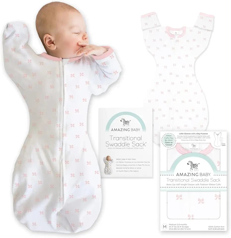 Amazing Baby Transitional Swaddle Sack, Cotton, Tiny Bows Pink, 0-3mo