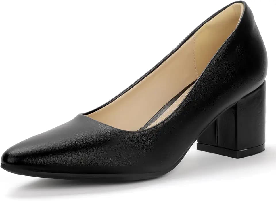 IDIFU Women's Pumps Closed Pointed Toe Low Chunky Block Heels