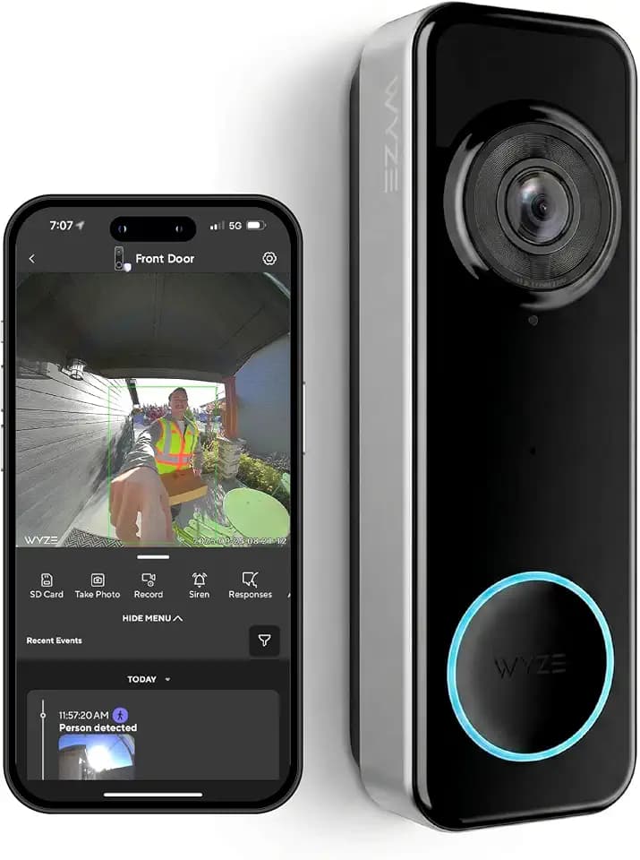 Wyze Battery Video Doorbell Wireless Camera, 1536x1536 HD+ with Color Night Vision, 2-Way Audio, 1:1 Head-to-Toe View, Person/Vehicle/Package Monitor, Wire-Free/Wired Option, 1 Minute Easy Setup