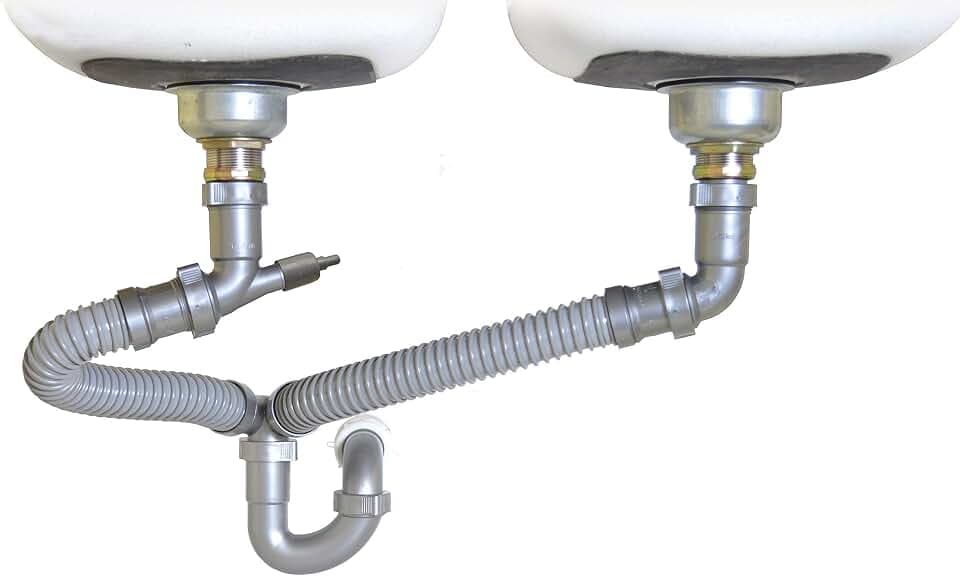 Snappy Trap Double Bowl Kitchen Sink Drain Kit, 1-1/2" with Flexible P-Trap, Universally Compatible Complete Drain Kit, Easy No-Tool Installation (DK-110 Silver)