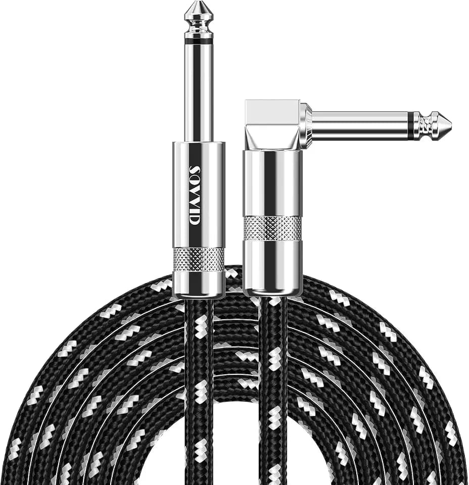 10FT Instrument Cable - Electric Guitar & Bass Cable with Right Angle 1/4 Inch Connector, Black & White