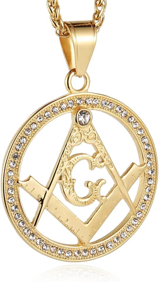 HZMAN Gold Plated Cz Inlay Masonic College Style GOLD Color Stainless Steel Pendant Necklace for Men