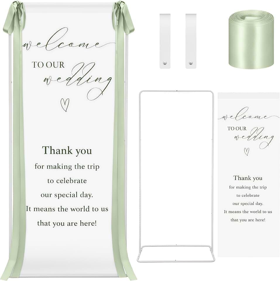 Wedding Welcome Linen Sign Stand with Satin Ribbon(Green)
