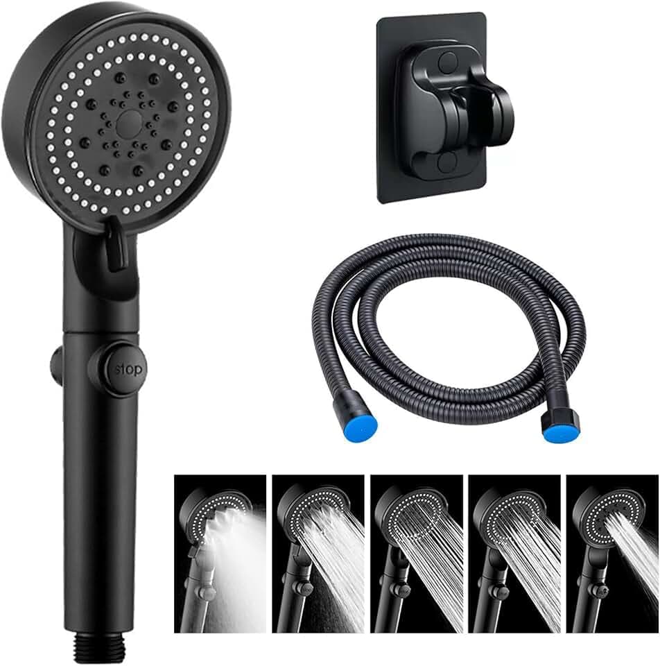 Duschkopf Mit Schlauch Brausekopf Dusche Duschbrause Mit Schlauch 1.5m Duschschlauch Mit Duschkopf 6 Strahlarten Mit Druckerhöhende Duschbrause Halterung Ohne Bohren（Schwarz）