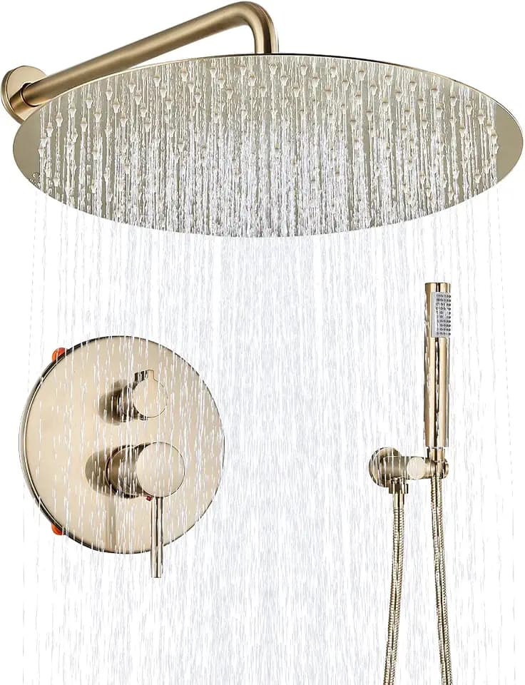 Duschsystem Duscharmatur Gebürstetes Gold JUNSOTTOR 16 Zoll Runden Regendusche Duschset mit Kopfbrause Handbrause 2 Funktionen Messing für Badewannen…