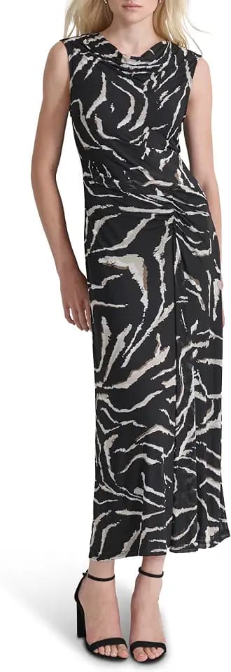 DKNY Women's Sleeveless Cowl Neck Mesh Ruched Bodice Maxi Dress