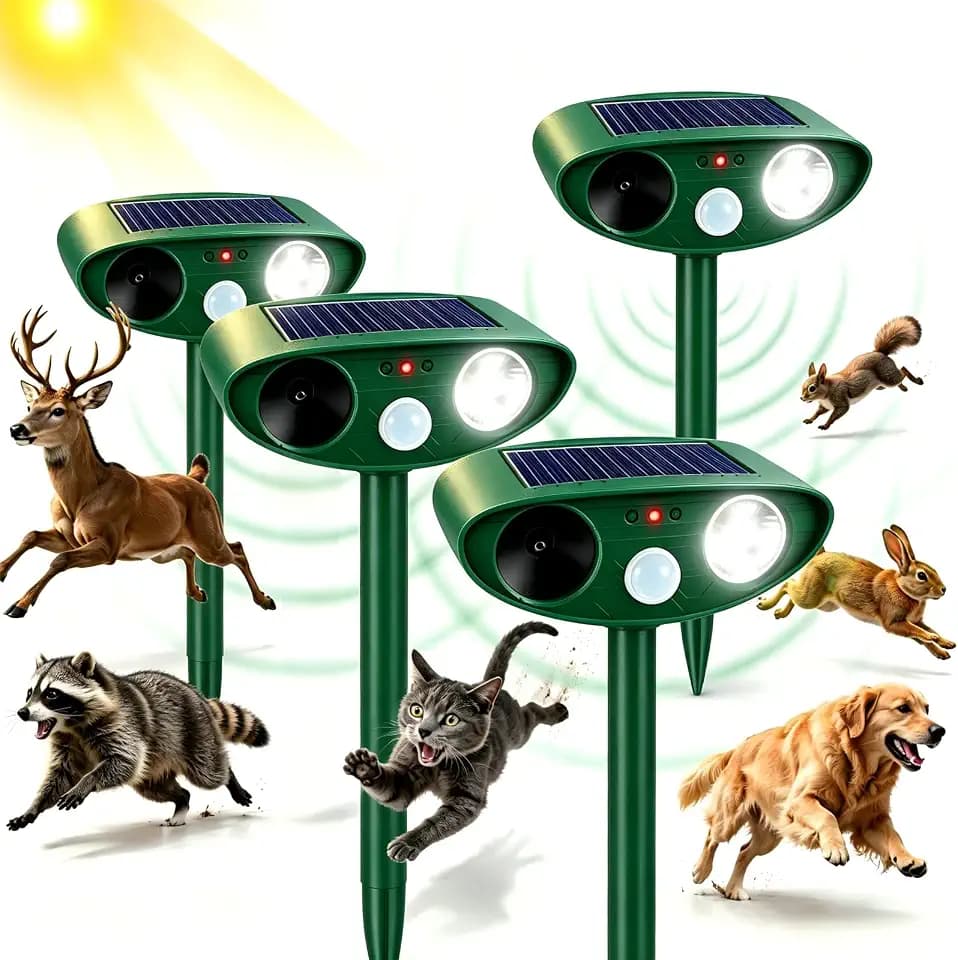 4 Pack Sonic Fortress Pro Deer Repellent Devices for Plants,Cat Repellent Outdoor Motion Sensor Solar Animal Repellent Ultrasonic for Squirrel Rabbit Raccoon Skunk Fox Coyote Deterrent Yard Garden