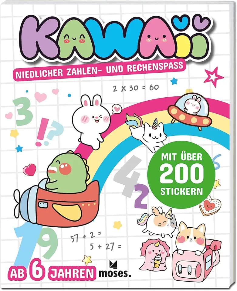 moses. Kawaii – Niedlicher Zahlen- und Rechenspaß, Activity-Buch mit Rätseln, Ausmalbildern und Stickern, Kawaii-Rätselbuch für Kinder ab 6 Jahren