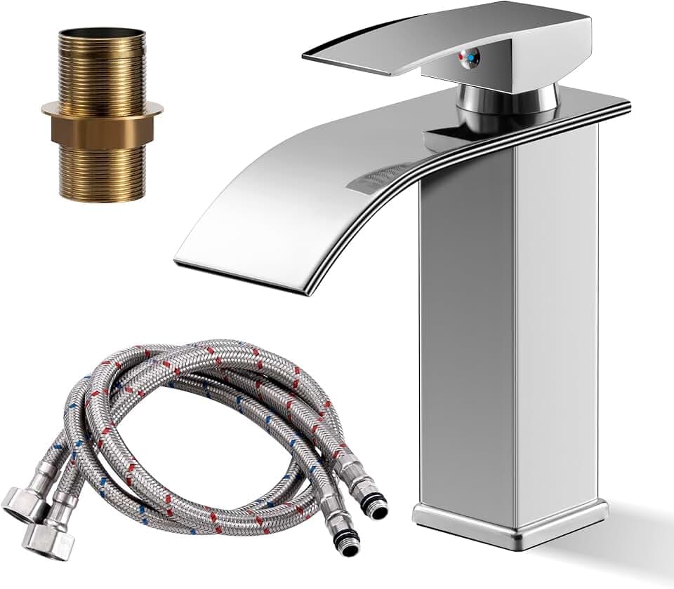 Wasserfall Wasserhahn Bad Waschtischarmatur Einhebelmischer Waschbecken Wassersparend & Spritzwassergeschützt Edelstahl Waschtischarmatur Chrom Silber