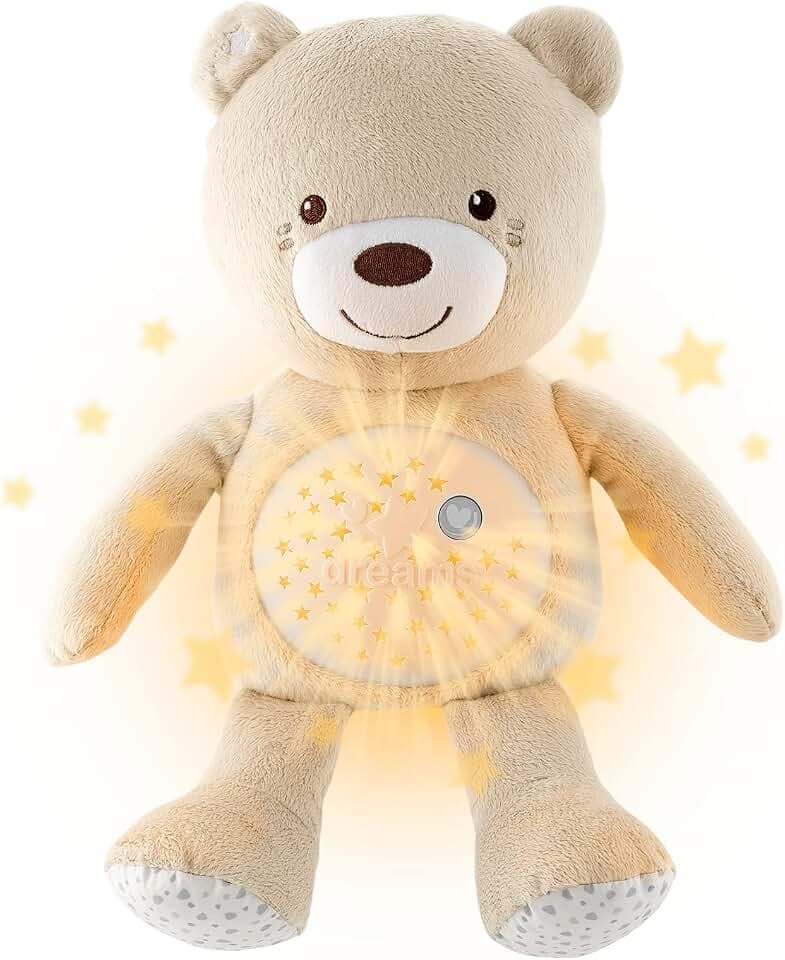 Chicco First Dreams Baby Bär Plüsch-Teddybär, weicher Projektor mit Nachtlicht, Lichteffekten und entspannenden Melodien, Beige - Kinderspielzeug 0+ Monate