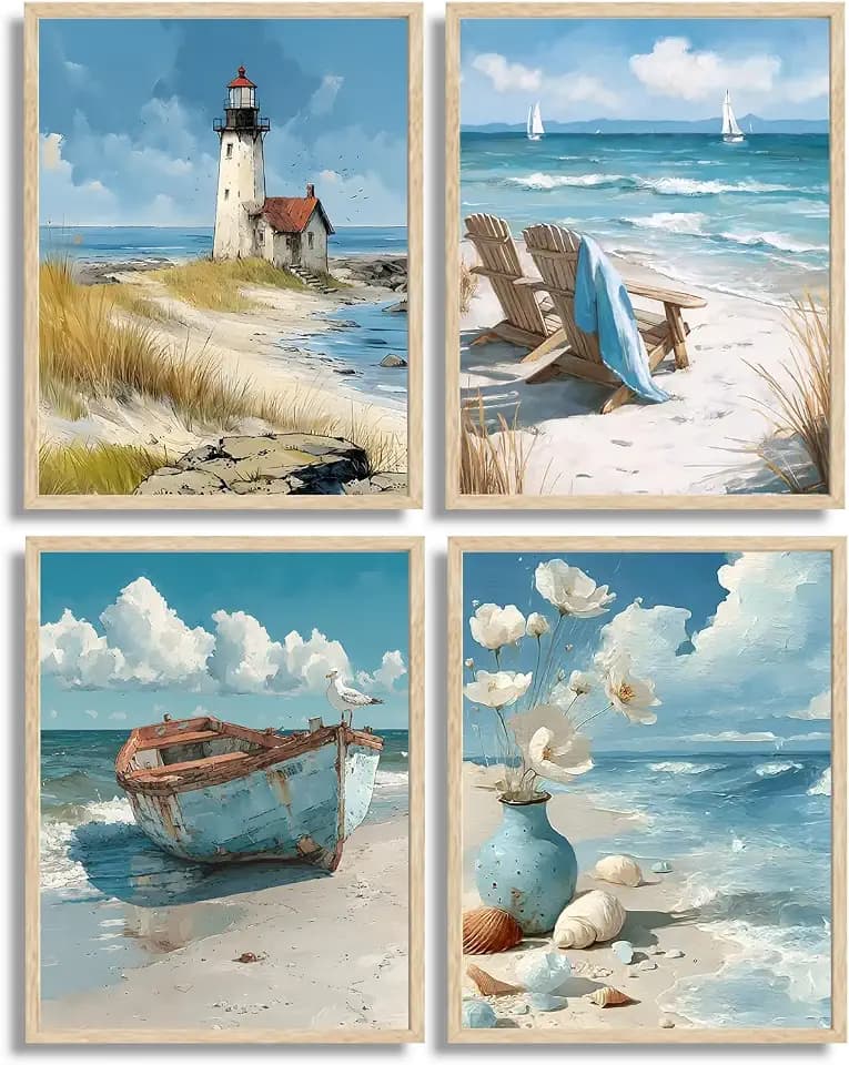 4Pcs Blue Coastal Wall Art Ocean Bathroom Wall Decor Pictures Lighthouse Boat Chair Flower Canvas Poster Prints for Bedroom Bathroom Home Office Decoration Unframed