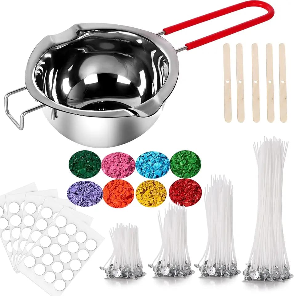 Kerzen Selber Machen Set, Kerzenherstellung Kit mit 304 Edelstahl Wachsschmelztopf, 150 Baumwoll-Kerzendochte in 4 Größen, 8 Wachs-Farbblöcke, 160 Dochtaufkleber & 5 Dochthalter, DIY Kerzen Bastelset