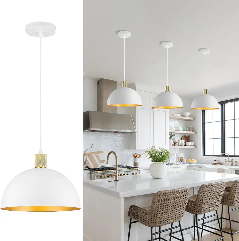 White Gold Pendant Lights Kitchen Island, 11.8" Modern Dome Pendant Light Fixtures Farmhouse Hanging Lights for Dining Room Hallway Sink Entryway