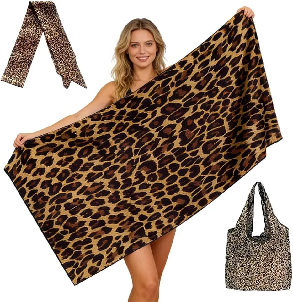 Leopardenmuster Strandtuch für Damen & Mädchen,160x80 cm Extraweiches Mikrofaser Badetuch Mit Rucksack,Microfibre,Sand-Resistant,Quick-Drying,Ideal Für Schwimmbad,Fitness,Strand,Reisen Camping-Braun3