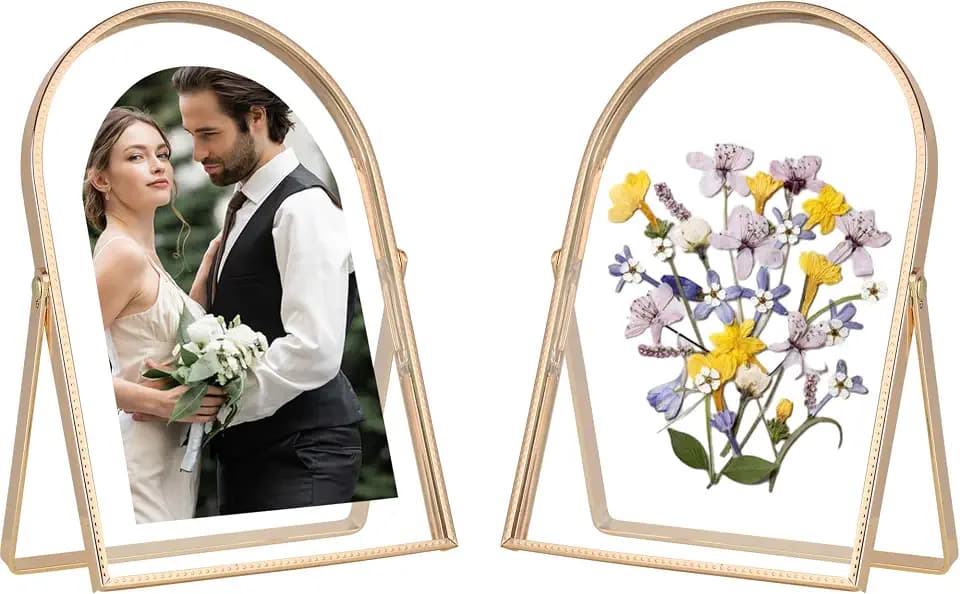 Gold 4x6'' Arched Floating Frame Set of 2,For Photo Sizes (2x3'',3.5x5''),Beautiful Metal Beaded Arched Frames & Tempered Real Glass,for Tabletop/Shelf Decor,Classy Gift Choice for Wedding