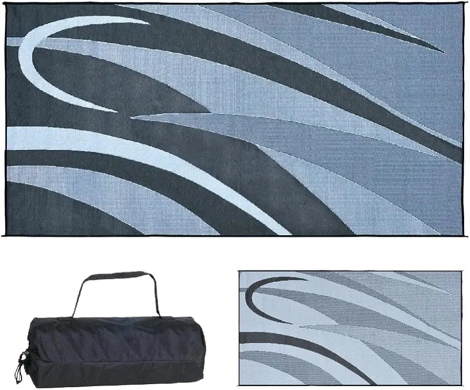 Stylish Camping GB1 8-Feet x 16-Feet RV Reversible Graphic Patio Mat, Black/Silver