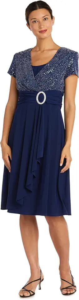 R&M Richards Women's Glitter Cascade Faux Wrap Dress W/Buckle Waist & Modesty Panel