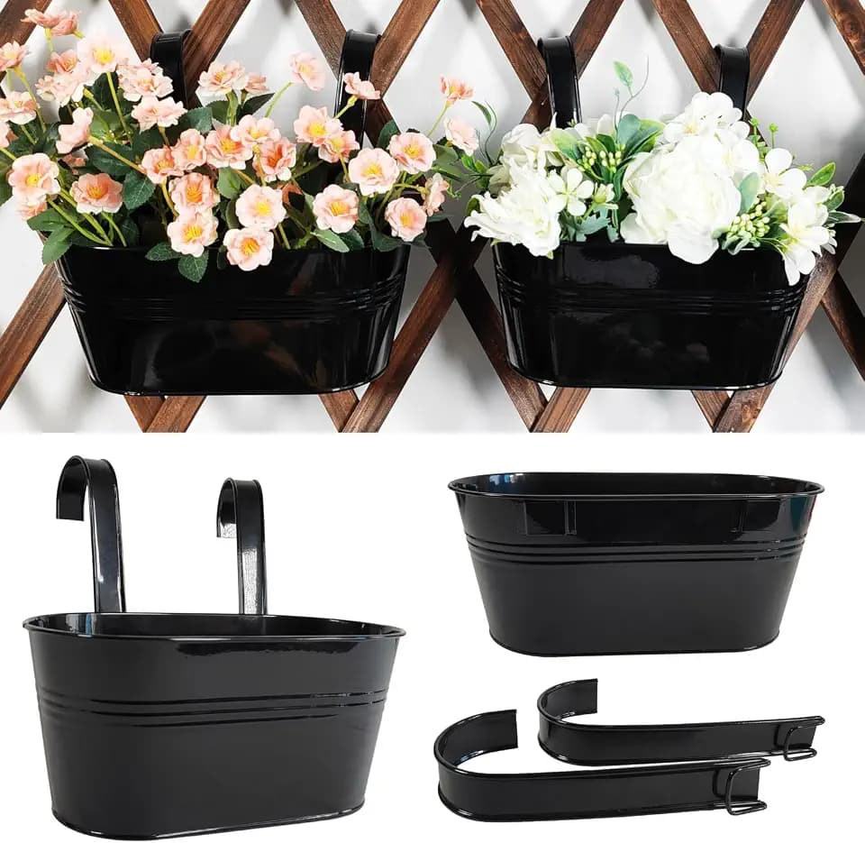 10" Metal Hanging Planter for Railing with Detachable Hooks, Black, 2 Pcs