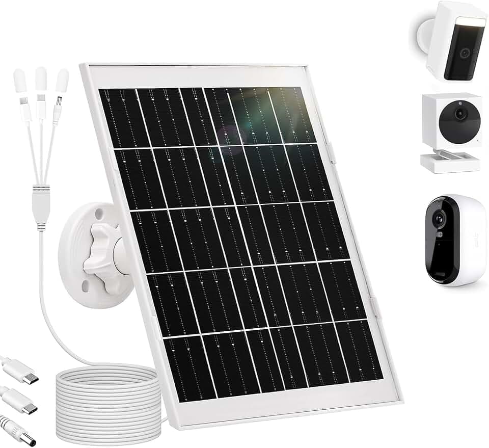 8W Solarpanel für Überwachungskamera Aussen Akku – Solar Panel mit 3‑in‑1 USB‑C/Micro/DC, inkl. 360° Halterung & 3 m Kabel, 5V Solarmodul kompatibel mit Arlo, Reolink, Blink, Eufy & Ring Kamera (1)