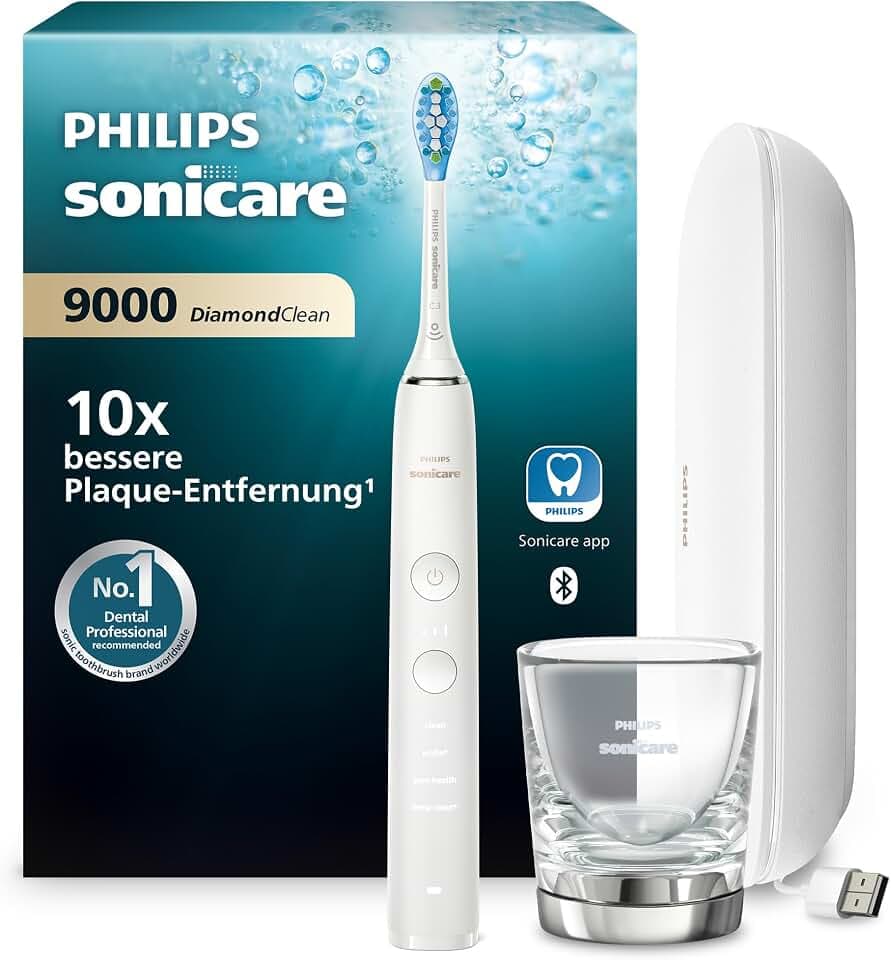 Philips Sonicare DiamondClean 9000 elektrische Zahnbürste, Schallzahnbürste mit App, Drucksensor, 4 Putzmodi, 3 Intensitätsstufen, Ladeglas und USB-Reiseetui, Weiß, Modell HX9911/27