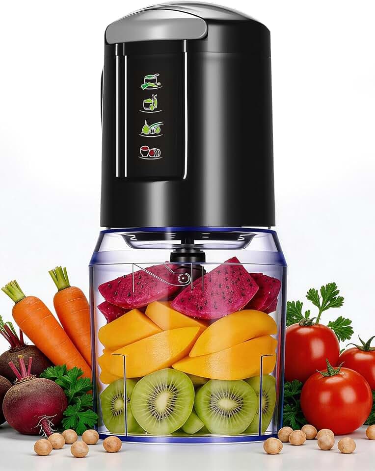 Cozary Elektrischer Multizerkleinerer 300W, Zwiebelschneider | 2 Geschwindigkeiten | 4 Edelstahlklingen mit 500ml Kunststoffbehälter, Onion chopper für Zwiebeln, Kräuter, Fleisch, Schwarz