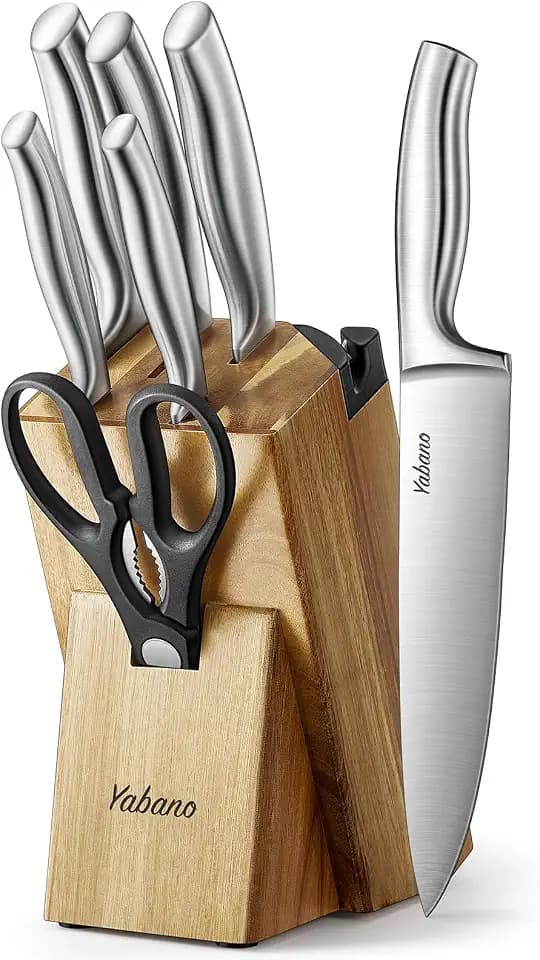 Yabano Messerblock Set 7-teilig aus Akazienholz, Edelstahl Griff