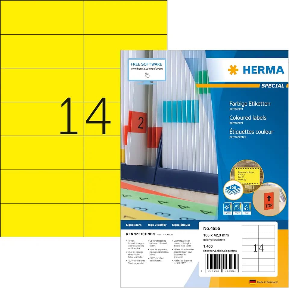 HERMA 4555 Farbige Etiketten gelb, 100 Blatt, 105 x 42,3 mm, 14 pro A4 Bogen, 1400 Stück, selbstklebend, bedruckbar, matt, blanko Papier Farbetiketten Aufkleber