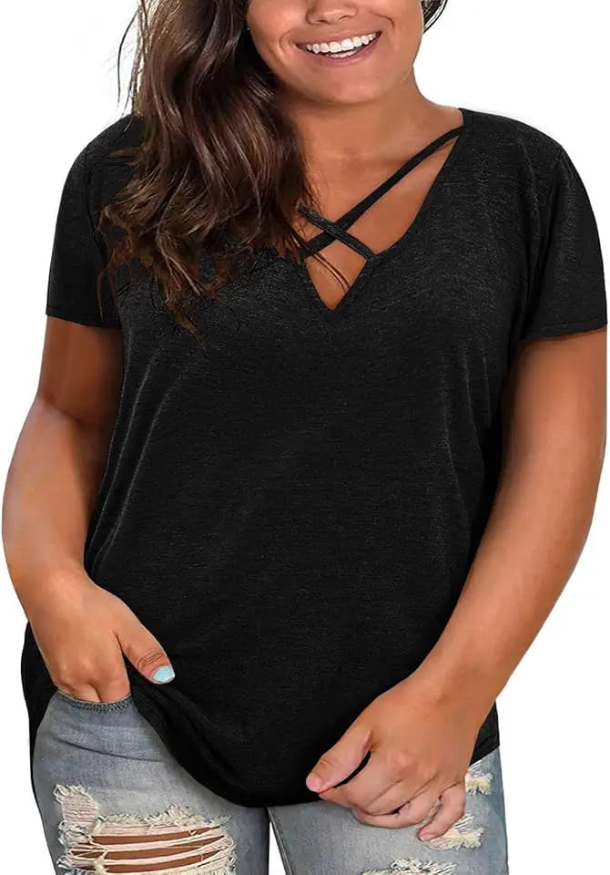 Haloumoning Plus Size Tops for Women Summer Short Sleeve Oversized T-Shirt Casual Sexy V Neck Loose Cotton Tee Shirts