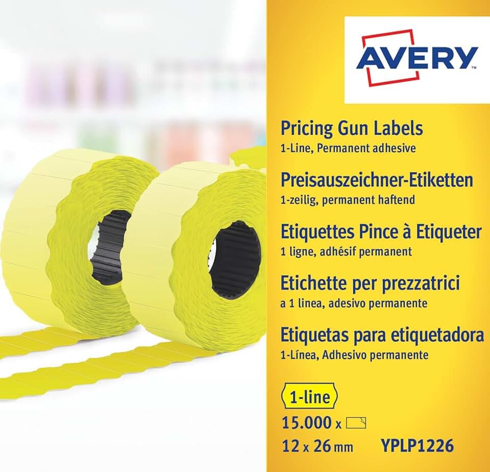 Avery Zweckform YPLP1226 Preisauszeichner-Etiketten, 1-zeilig, 12 x 26 mm, 10 Rollen/15.000 Etiketten, gelb