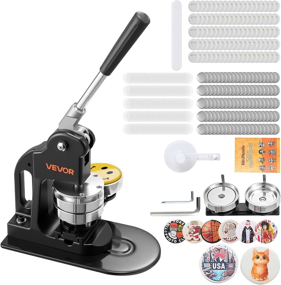 VEVOR Button Maker Machine, 3in/75mm Pin Maker with 500pcs Button Parts, Circle Cutter, Hex Wrenches and Magic Book, Ergonomic Handle, for DIY Badges, Personalized Pins and Key Chains, Black
