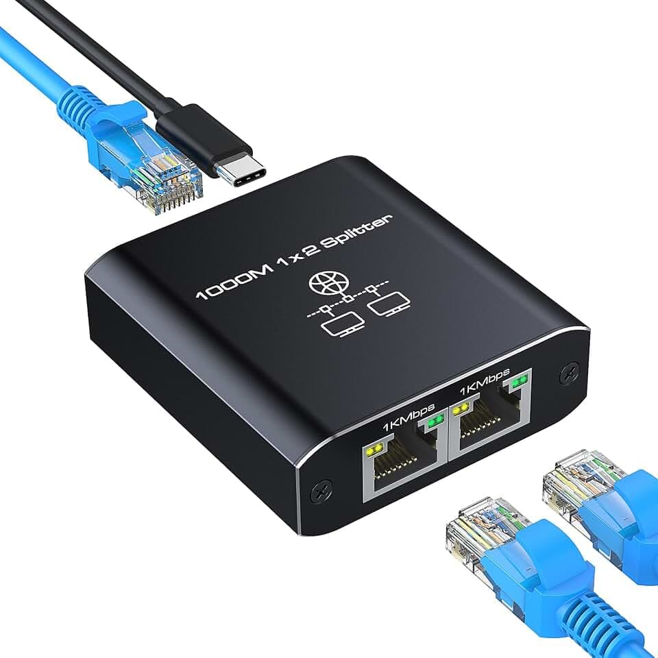 Ethernet Splitter 1 to 2 High Speed 1000Mbps, Gigabit RJ45 Internet Ethernet Switch, Network LAN Splitter with USB Power Cable for Cat 5/5e/6/7/8 Cable [2 Devices Networked Simultaneously]