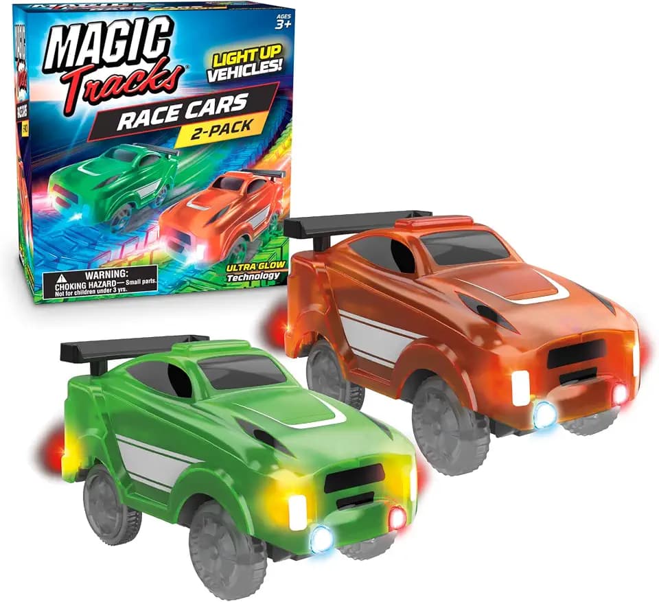 Magic Tracks Race Cars, 2 Pack Replacement Toy Cars for Track Sets | Kids Ages 4-8 | Light Up Race Cars | Track Not Included
