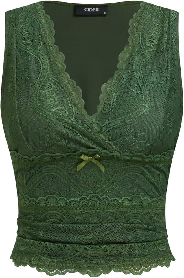 CIDER Lace Crop Tank Tops for Women Going Out V Neck Sleeveless Ruched Tops Trendy Y2K Summer Outfits