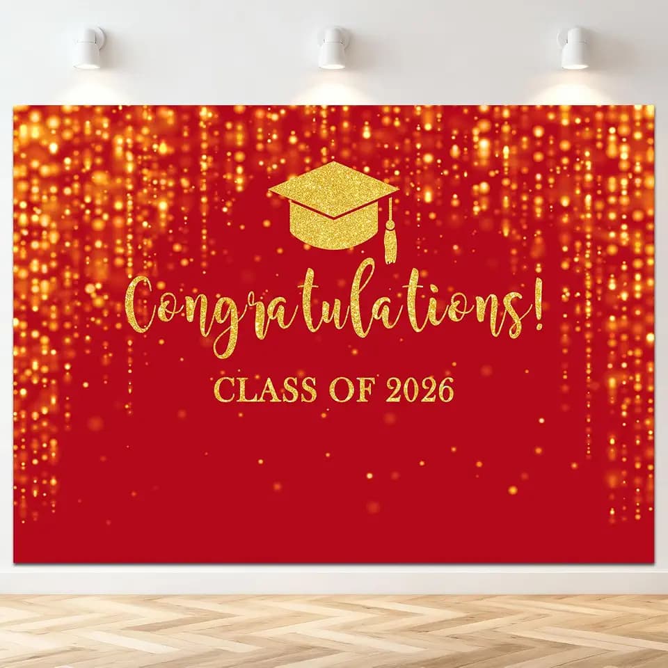 Mocsicka Class of 2026 Backdrop Red Gold Glitter Bokeh Graduation Party Background 2026 Congrats Grad Prom Party Cake Table Decoration Photo Booth Props (10x7ft)
