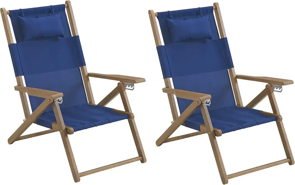Lavish Home Set of 2 Beach Chair - Outdoor Weather-Resistant Wood Folding Chair with Backpack Straps - 4-Position Reclining Seat - Beach Essentials (Blue)
