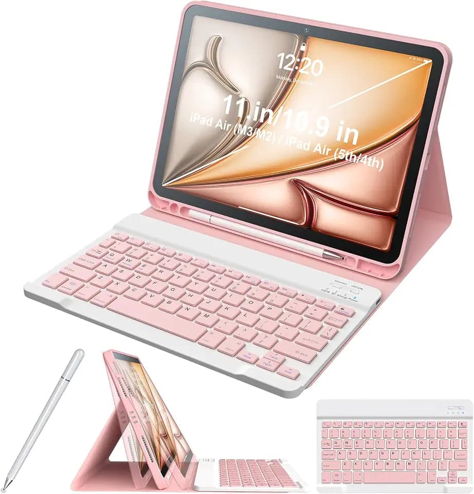 for iPad Air 11 Case with Keyboard and Stylus, 3 Angle Magnetic Detachable Bluetooth Keyboard Case for iPad Air 11 inch 4th 5th Gen M2 M3 2024 2025, Keyboard Case with Pencil Holder (Pink)