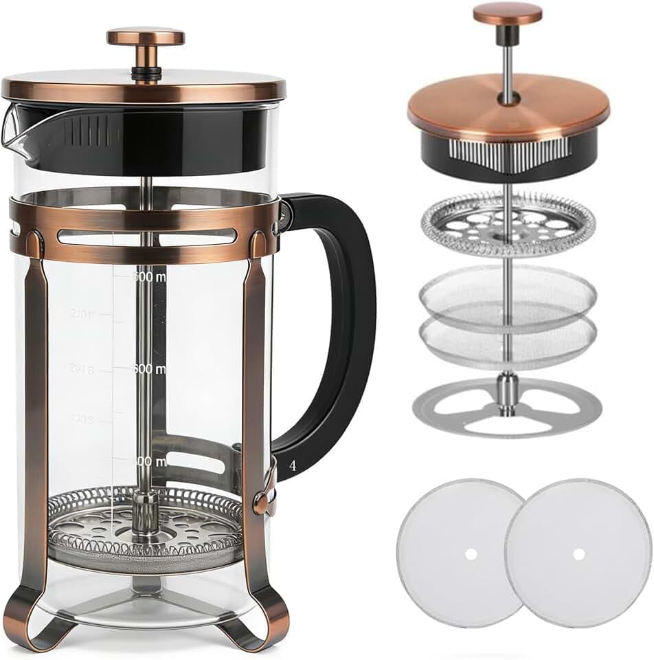 French Press Coffee Maker 304 Stainless Steel Double Mesh Filter, Borosilicate Glass French Press-21oz Antique Bronze