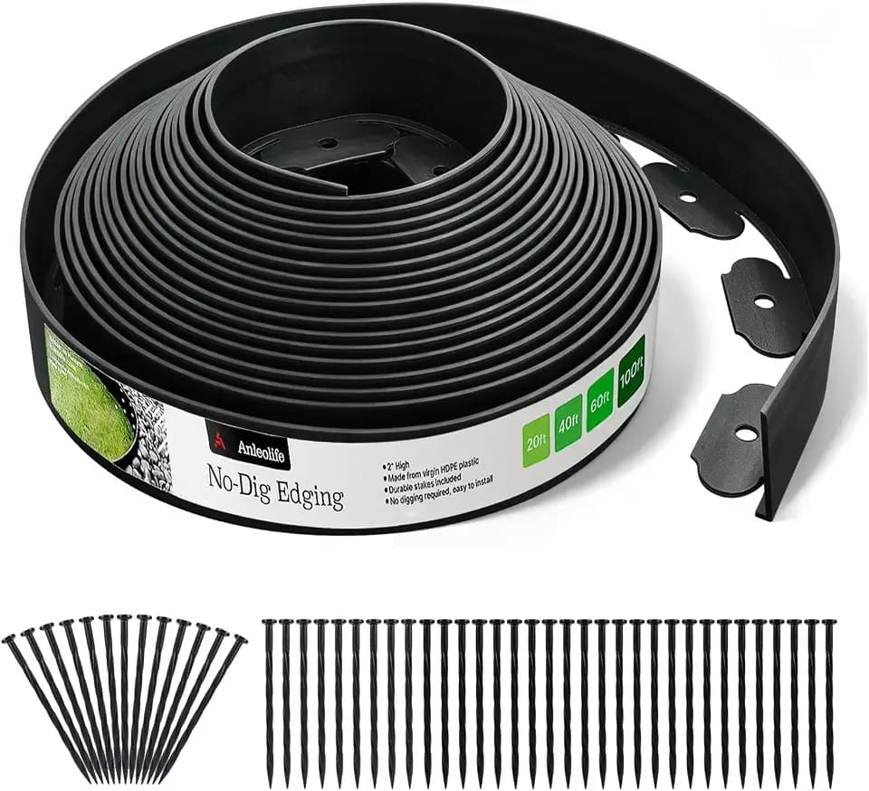 Anleolife 40FT NO-DIG Garden Landscape Edging with 48 Spikes, 2IN Black